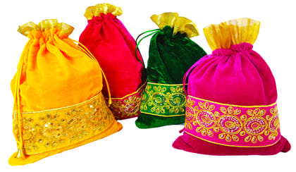 Omkar by R3 Inc. Lace Gift Pouch/Shagun Potli Multicolor (Pack of 4) 30x22 cm
