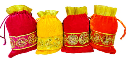 Omkar by R3 Inc. Lace Gift Pouch/Shagun Potli Multicolor (Pack of 4) 18x13 Cm