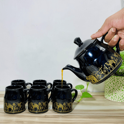 Homefrills Hand Painted Ceramic Tea Kettle Set with 6 Cups(150ml), 1 Kettle(400ml) Ceramic Good Morning Set- Set of 7 Colour-Black,Microwave Safe