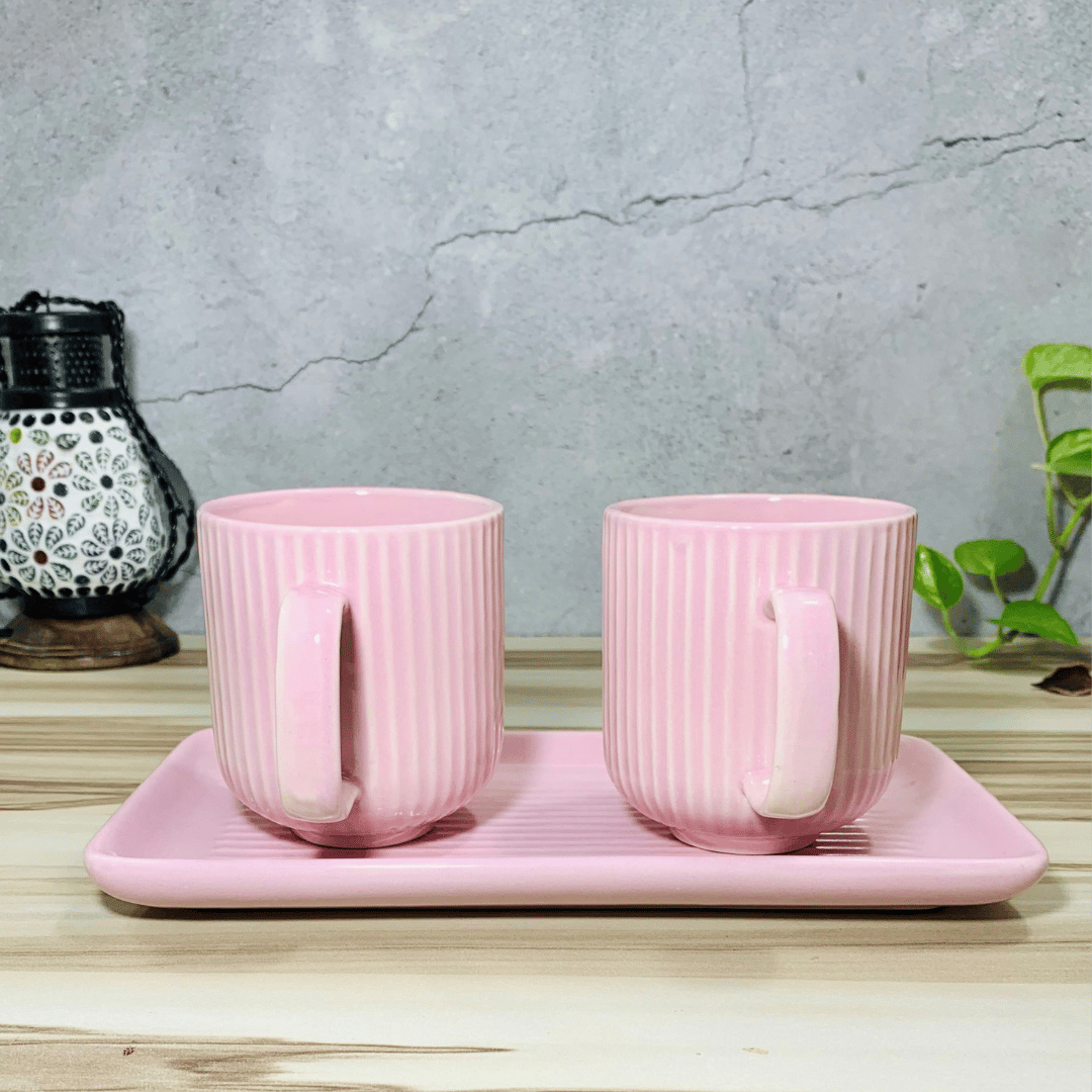 Homefrills Premium Stoneware Handmade Striped Design Ceramic Tea Cups & Milk/Coffee Mugs Along with Tray Microwave Dishwasher Safe - Pack of 3 (2 Cups and 1 Tray) Pink, 300ml