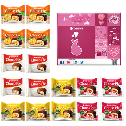 Orion Choco Pie Happiness Gift Box - 4 Flavors 16 Pcs - Chocolate, Mango, Strawberry, Orange Chocopie Cookies - Soft Chocolate biscuits Orion Choco Pie Happiness Gift Box - 4 Flavors 16 Pcs - Chocolate, Mango, Strawberry, Orange Chocopie Cookies - Soft Chocolate biscuits