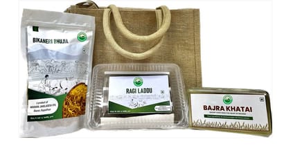 Snacky Millet Gift Bag (Bajra Khatai-200gm, jowar Laddu-500gm, Bikaneri Bhujia-250gm) Snacky Millet Gift Bag (Bajra Khatai-200gm, jowar Laddu-500gm, Bikaneri Bhujia-250gm)