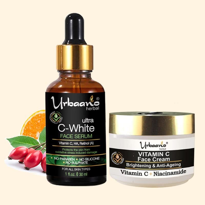 Urbaano Herbal Vitamin C Face Cream (50gm) and 20% Vitamin C Face Serum with Niacinamide & Hyaluronic Acid (30ml) -Combo Pack