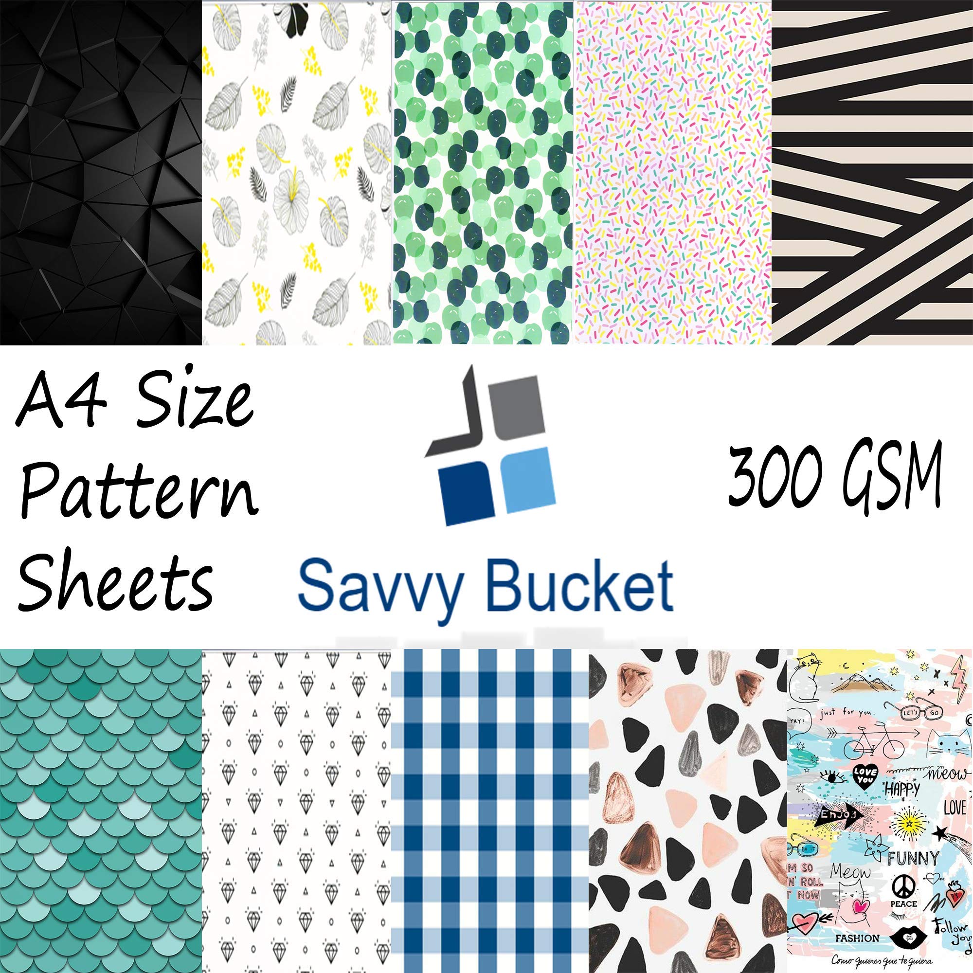 SavvyBucket||Scrapbooking Printed Sheets||Multi-Coloured||300 GSM Pack of 20 (2 Sheets per Design) Size A4