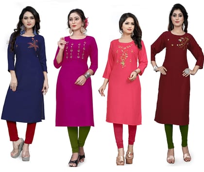 STYLEOO Rayon Embroidered Kurta/kurties for Women and Girls Pack of 4,DARK BLUE, RANI, MAROON & PINK (M, L, XL, XXL)