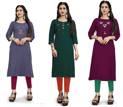 STYLEOO Rayon Straight Designer Kurtis Combo Pack for Women and Girls Pack of 3, GREY, GREEN & WINE ( M, L, XL, 2XL)
