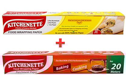 Kitchenette Food Wrapping Paper - 20 Meters (White) + (Baking and Cooking Parchment Butter Paper Microwave Safe (Combo) Microwave Paper Butter Paper