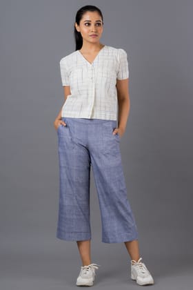 OCAU Women's Solid Blue Wide Legged Pant and White Button Down Shirt Co - ord OCAU Women's Solid Blue Wide Legged Pant and White Button Down Shirt Co - ord