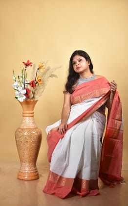 OCAU Women's Cotton Zari Saree | Red Border | White OCAU Women's Cotton Zari Saree | Red Border | White