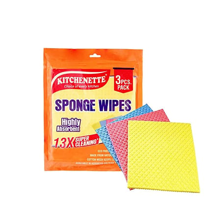 Kitchenette Highly Absorbent Cellulose And Cotton Sponge Wipes for Kitchen Pack of 3 Pcs | Multipurpose, Washable, Reusable, Cleaning Wipes (180 mm x 200 mm) (Color and Print May Vary)