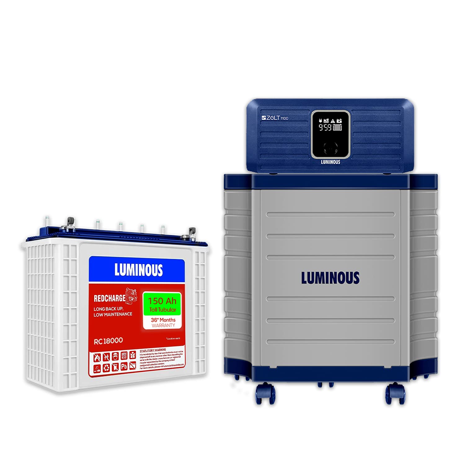 Luminous Inverter & Battery Combo with Trolley (Zolt 1100 Sine Wave 900VA/12V Inverter, Red Charge RC 18000 Tall Tubular 150Ah Battery with Trolley) for Home, Office & Shops