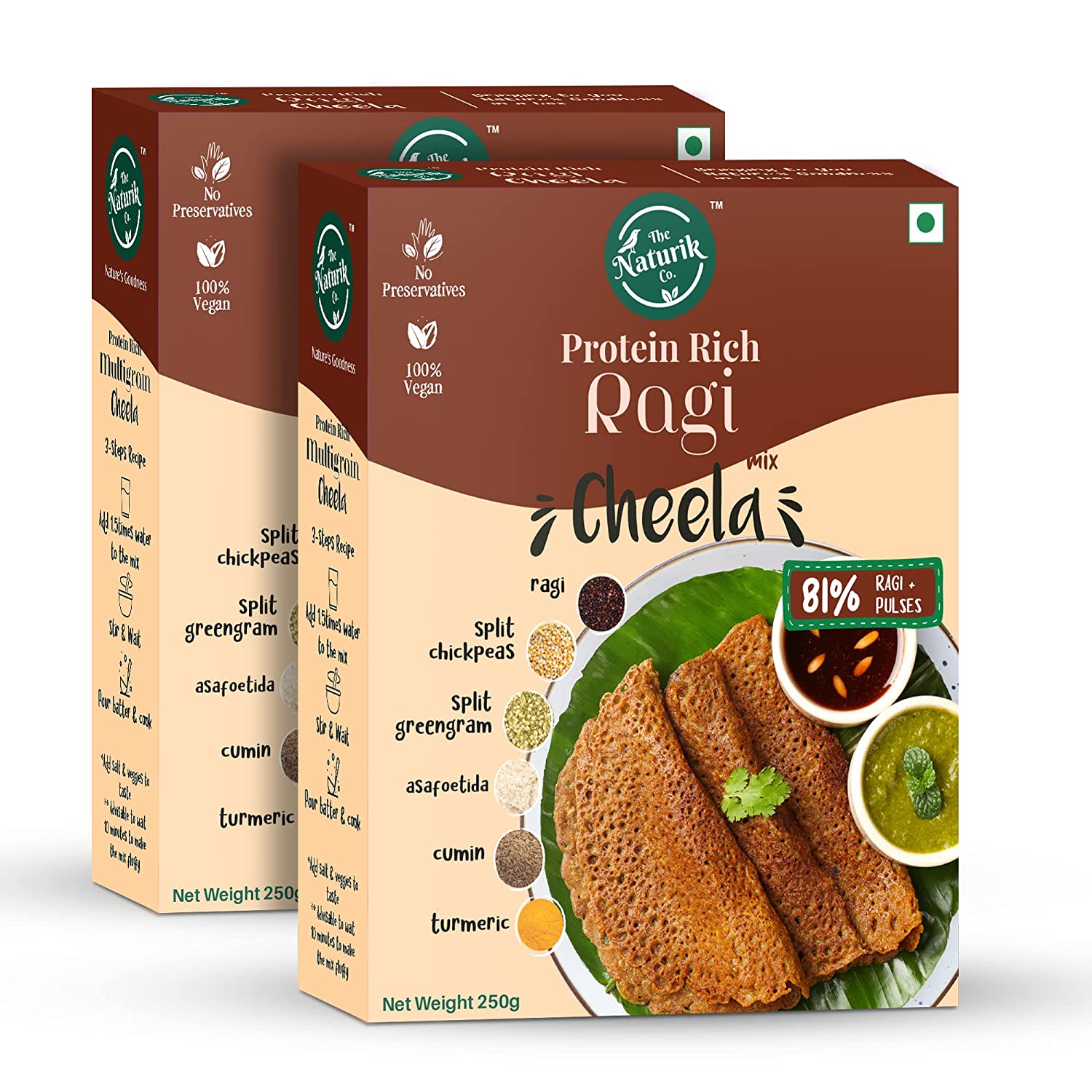 The Naturik Co Ragi Cheela Mix 250g each Pack of 2, Ready to Cook Chilla/Dosa for Healthy Breakfast, 20% Protein, 80% Ragi and Pulses, Anytime Snack for Family