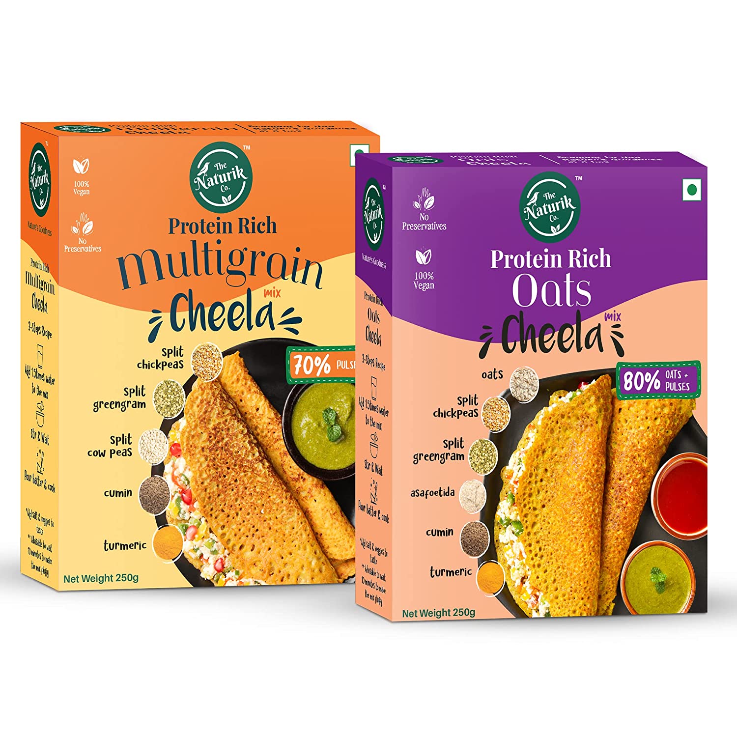 The Naturik Co Oats and Multigrain Cheela Mix Combo - 250g each (Pack of 2), Chilla/Dosa for Ready to Cook, Healthy Breakfast, 20% Protein, Anytime Snack for Kids and Family