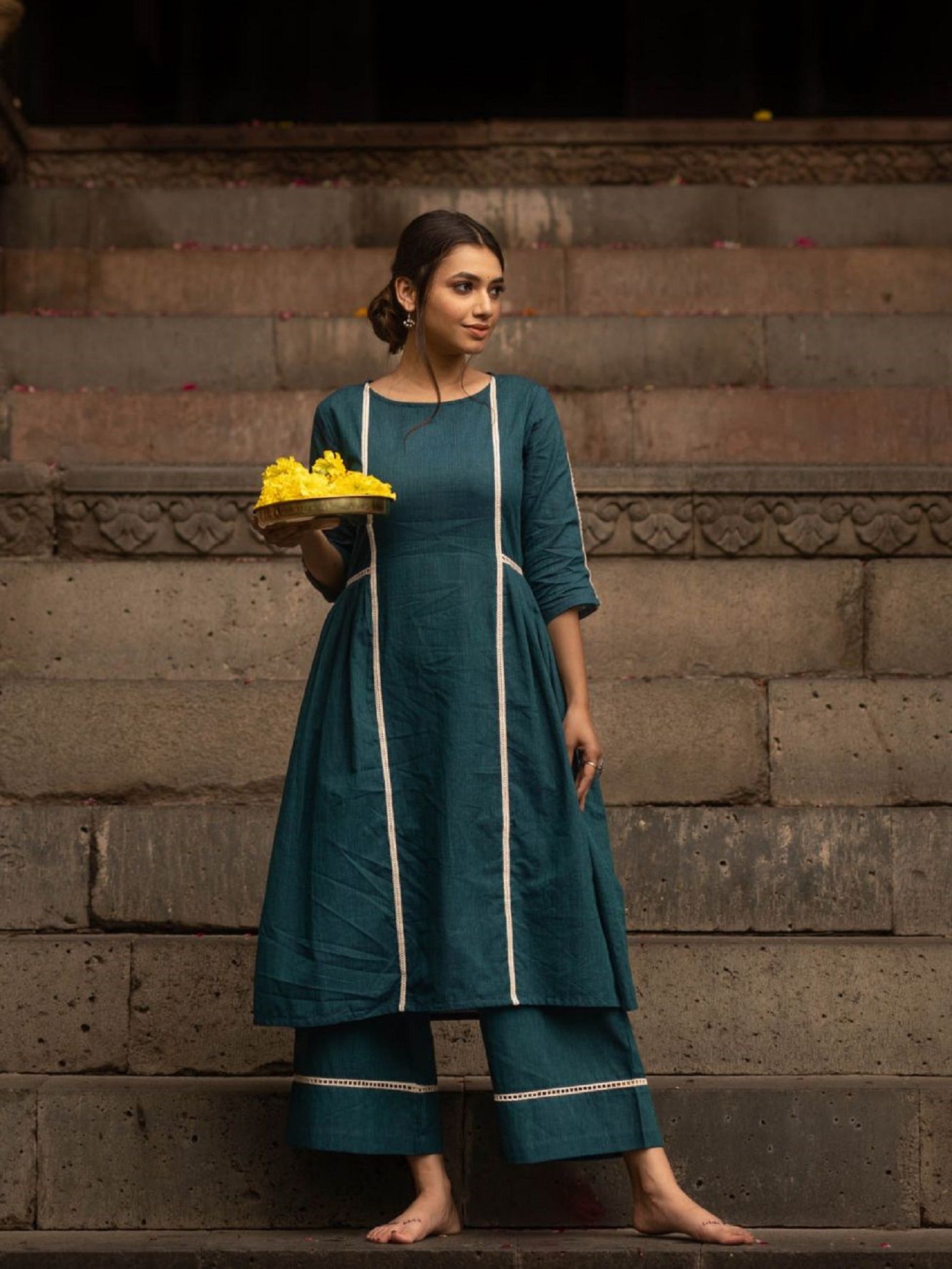 Women Kurta and Palazzo Set Cotton Blend