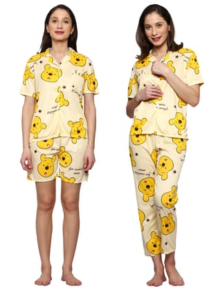 AUREA-502- Half Sleeves Solid Printed Buttoned-Shirt, pyjama & Shorts Night Suit 3pcs Set for Girls & Women AUREA-502- Half Sleeves Solid Printed Buttoned-Shirt, pyjama & Shorts Night Suit 3pcs Set for Girls & Women