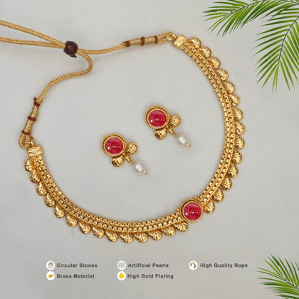 Gold-Plated Green & Red Ruby Stone-Studded Handcrafted Jewellery Set Gold-Plated Green & Red Ruby Stone-Studded Handcrafted Jewellery Set
