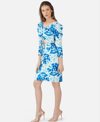 ATTIRIS Women's Lycra Tie - Dye Printed Knee Length Puff Sleeve Round Neck Bodycon Dress, Blue