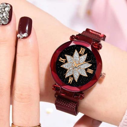 Bhakti Fashion Red Mesh Magnetic  Stylish Design Analog Watch For Women & Girls