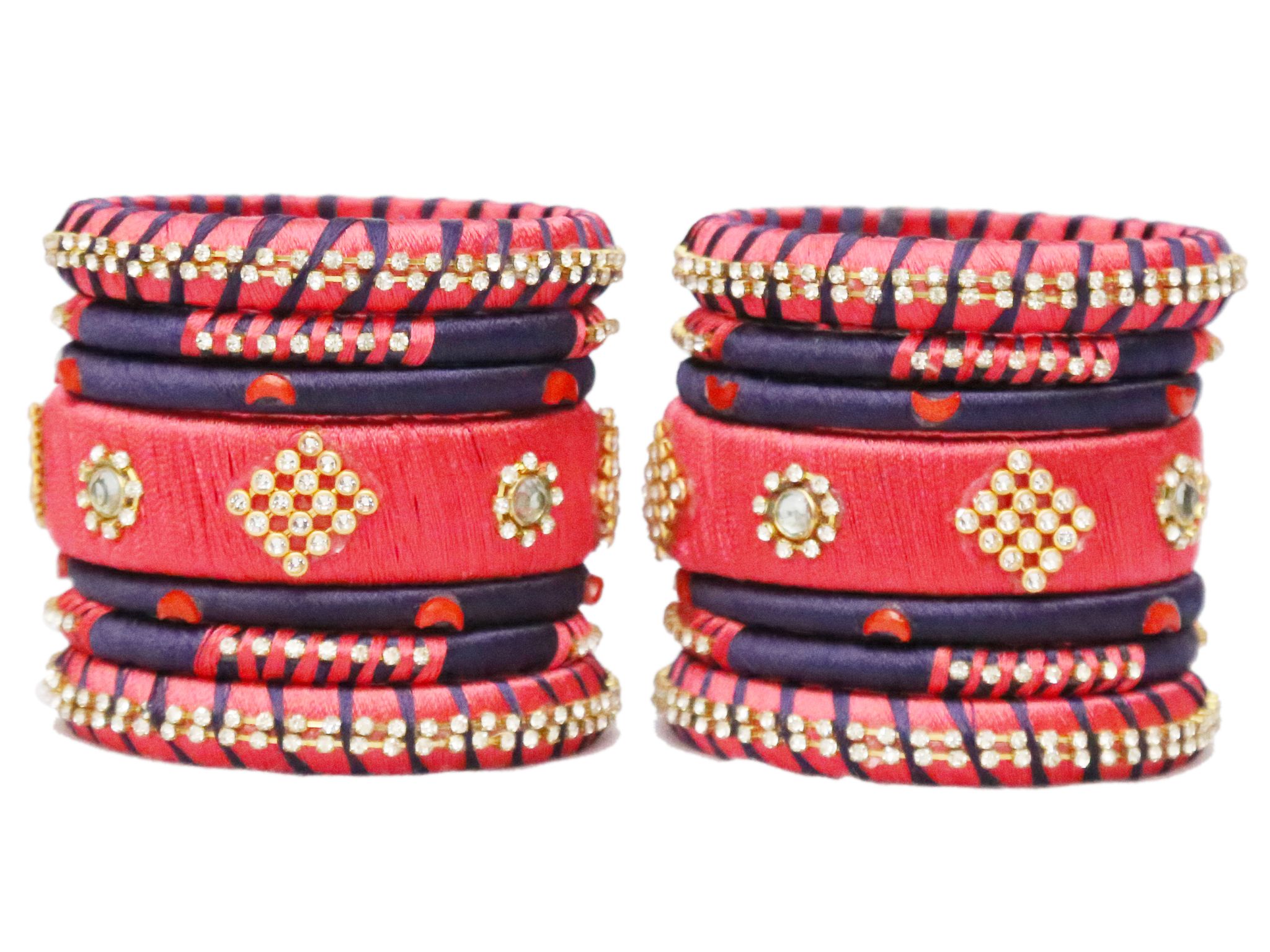 BENIWAL COLLECTION Handmade Kundan Silk Thread Bangles Set ,Bangles for Women and Girls ,Pink & Navy Blue (set of 14)