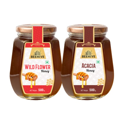 Beehive Wild Flower Honey and Acacia Honey 100% Pure Natural Honey Immunity Booster | Energy Boost & a Healthy Weight Loss Weight (500 g each) Glass Jar (PACK OF 2) Beehive Wild Flower Honey and Acacia Honey 100% Pure Natural Honey Immunity Booster | Energy Boost & a Healthy Weight Loss Weight (500 g each) Glass Jar (PACK OF 2)