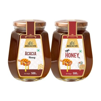 Beehive Acacia Honey and Honey 100% Pure Natural Honey Immunity Booster | Energy Boost & a Healthy Weight Loss Weight (500 g each) Glass Jar (PACK OF 2)|FREE FREE WOODEN DIPPER FREE| Beehive Acacia Honey and Honey 100% Pure Natural Honey Immunity Booster | Energy Boost & a Healthy Weight Loss Weight (500 g each) Glass Jar (PACK OF 2)|FREE FREE WOODEN DIPPER FREE|