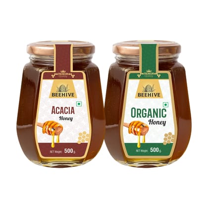Beehive Acacia Honey and Organic Honey 100% Pure Natural Honey Immunity Booster | Energy Boost & a Healthy Weight Loss Weight (500 g each) Glass Jar (PACK OF 2) Beehive Acacia Honey and Organic Honey 100% Pure Natural Honey Immunity Booster | Energy Boost & a Healthy Weight Loss Weight (500 g each) Glass Jar (PACK OF 2)