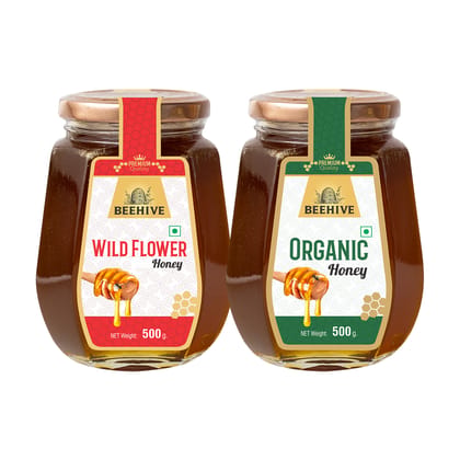 Beehive Wild Flower Honey and Organic Honey 100% Pure Natural Honey Immunity Booster | Energy Boost & a Healthy Weight Loss Weight (500 g each) Glass Jar (PACK OF 2) Beehive Wild Flower Honey and Organic Honey 100% Pure Natural Honey Immunity Booster | Energy Boost & a Healthy Weight Loss Weight (500 g each) Glass Jar (PACK OF 2)