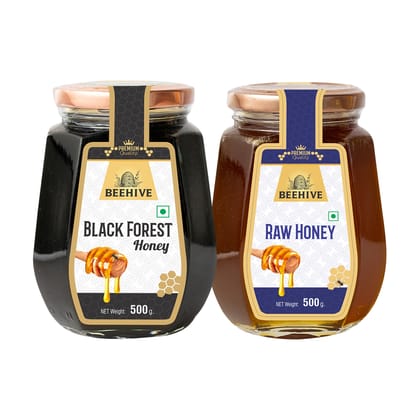 Beehive Black Forest Honey and Raw Honey 100% Pure Natural Honey Immunity Booster | Energy Boost & a Healthy Weight Loss Weight (500 g each) Glass Jar (PACK OF 2) Beehive Black Forest Honey and Raw Honey 100% Pure Natural Honey Immunity Booster | Energy Boost & a Healthy Weight Loss Weight (500 g each) Glass Jar (PACK OF 2)