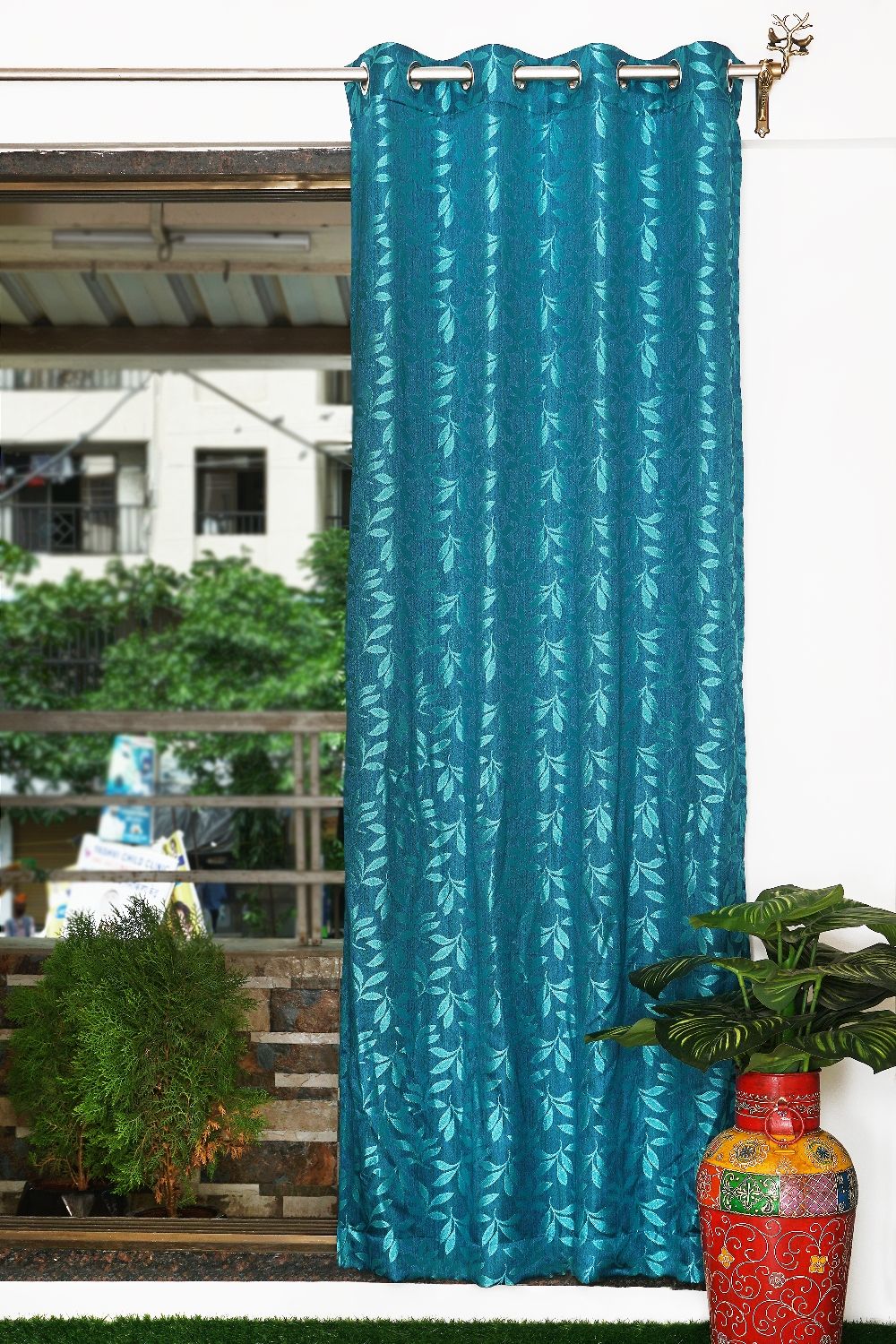 Parda online 274 cm (9 ft) Jacquard Fabric Leaf Design Eyelet Window Curtain | Sky Blue Colour (Pack of 2) | Fine Blended Jacquard Fabric | for Living Rooms & Bedrooms | 274 L x 121 W centimetres