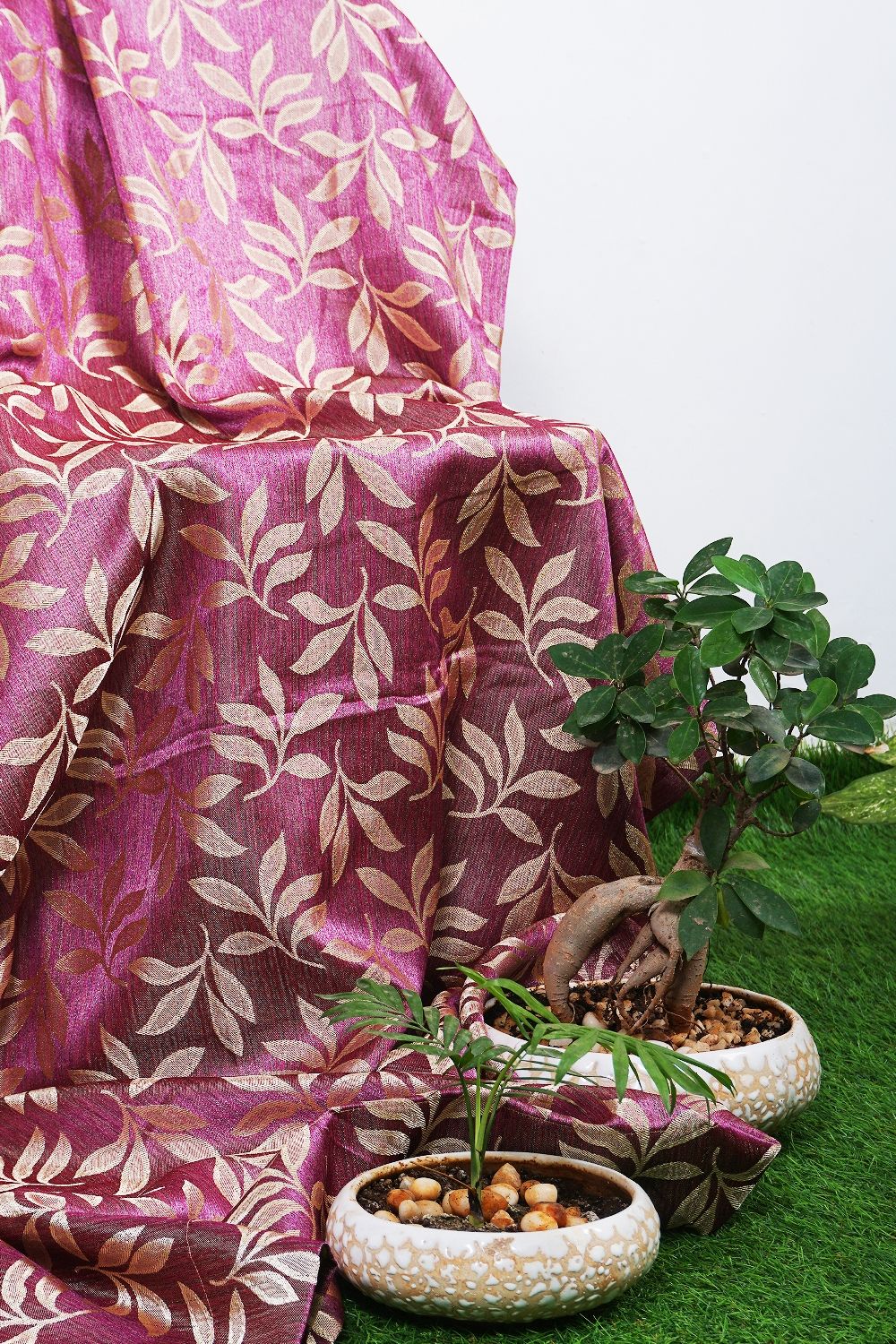 Parda online 152 cm (5 ft) Jacquard Fabric Leaf Design Eyelet Window Curtain | Pink Colour (Pack of 4) | Fine Blended Jacquard Fabric | for Living Rooms & Bedrooms | 152 L x 121 W Centimeters