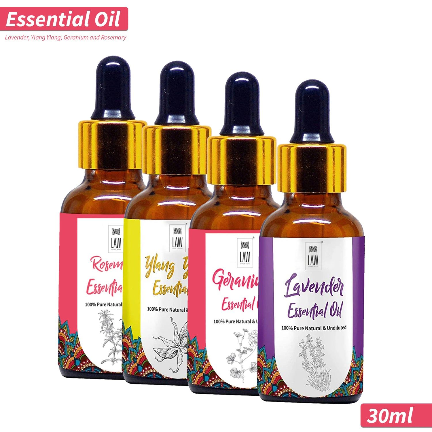 Gift Pack of Natural Essential oils – Pack of 4 (30 ml each) – Lavender, Ylang Ylang, Geranium and Rosemary