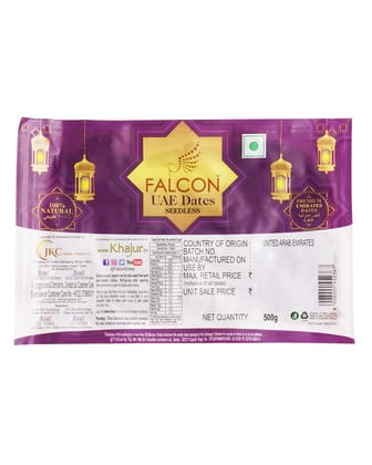 Falcon UAE Seedless Dates 1 Kg, (500g*2) Pack of 2 Falcon UAE Seedless Dates 1 Kg, (500g*2) Pack of 2