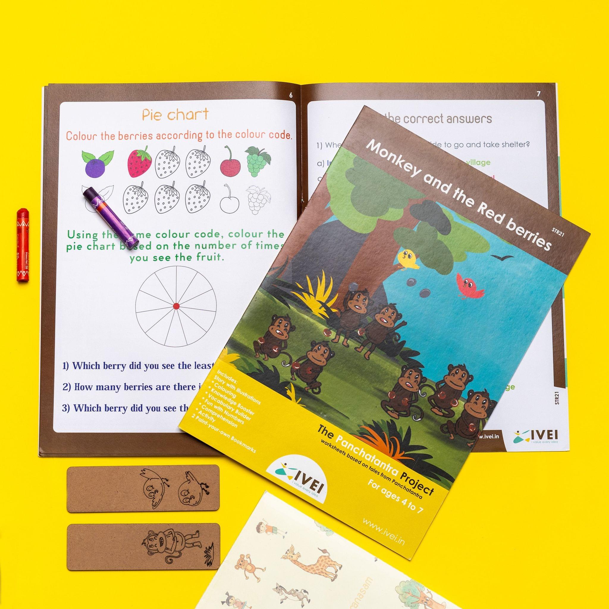 The Monkeys and the Red Berries - Workbook and 2 DIY Bookmarks - 4 to 7 yrs