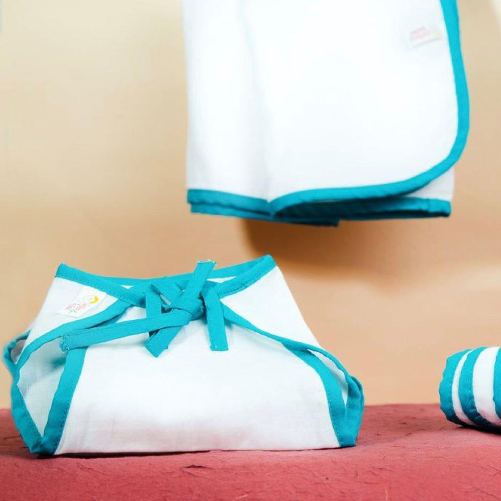 GIFTS SETS for NEWBORNS - 3 Nappies, 3 Napkins, and 1 Towel - PURE SOFT DHOTI COTTON - Blue