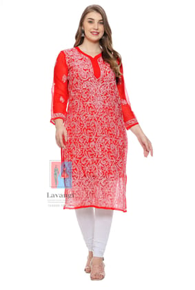 Lavangi Women Lucknow Chikankari Red Georgette Kurti With Matching Inner Lavangi Women Lucknow Chikankari Red Georgette Kurti With Matching Inner