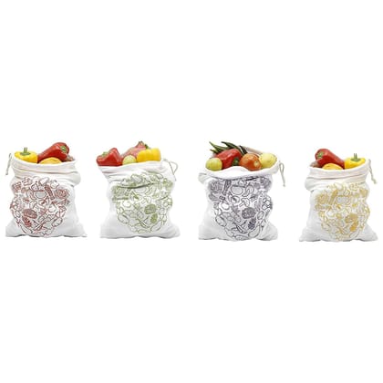 Earth Connect 100% Cotton Vegetable Storage Fridge Bags Eco-Friendly, Non-Toxic, For shopping, , Washable, Reusable (1 RED , 1 GREEN , 1 PURPLE , 1 YELLOW)