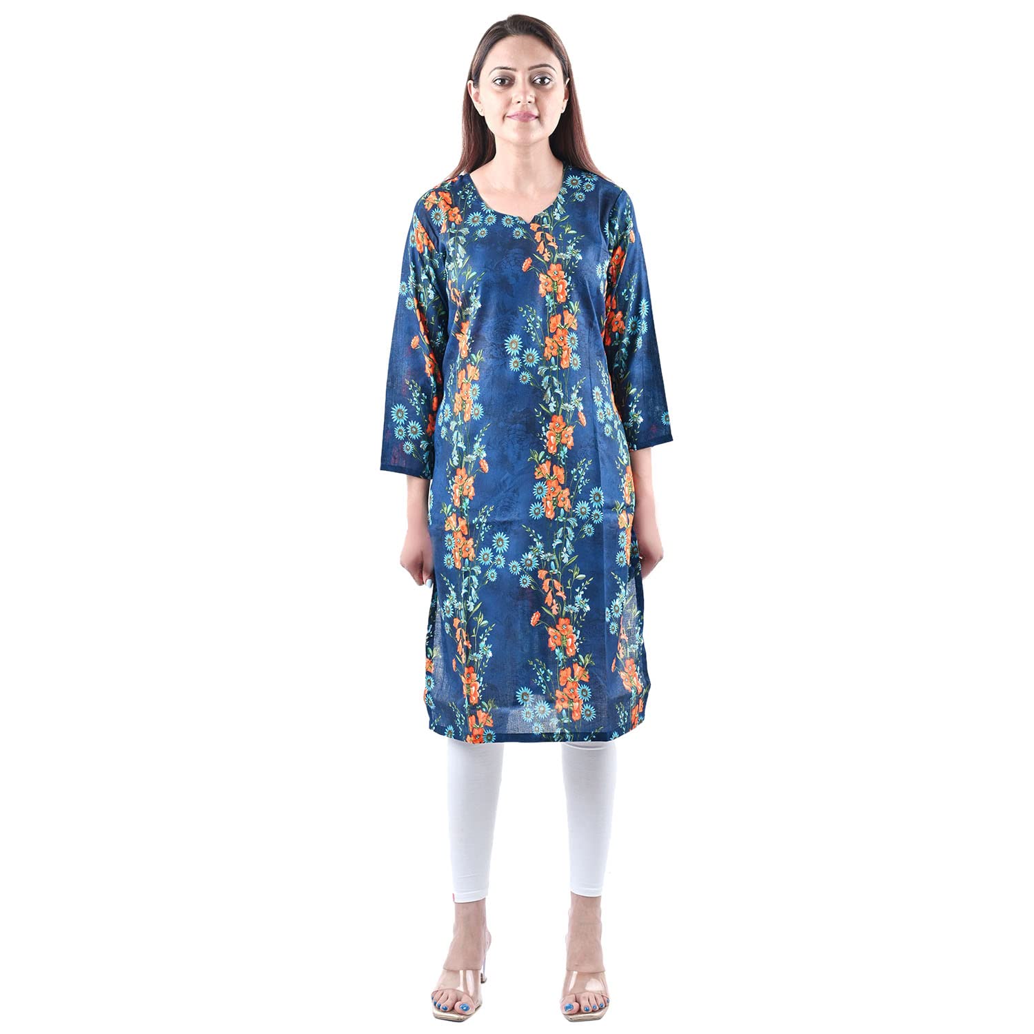 Women's Rayon Fabric Stylish Floral  Block Print Kurti  Blue