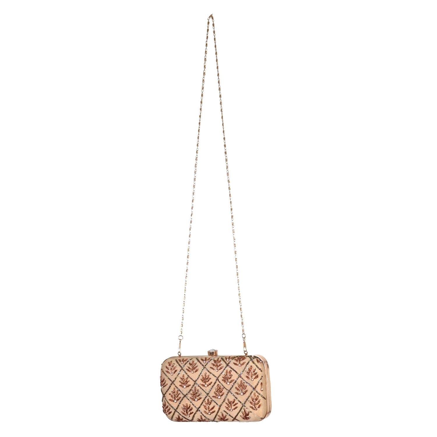 Beautiful Designer Hand Emboidery Bead Work Beige Clutch Women & Girls  Color- Peach FHS