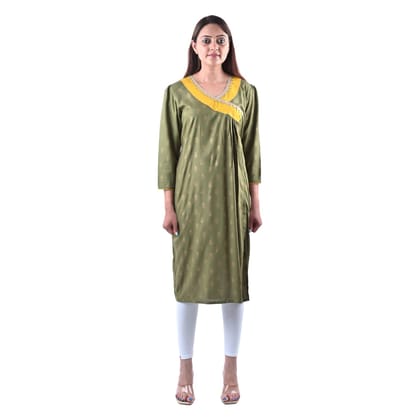 Cotton Rayon Mix Fabric Block Printed Straight Kurta with Side Slit Green  Women's