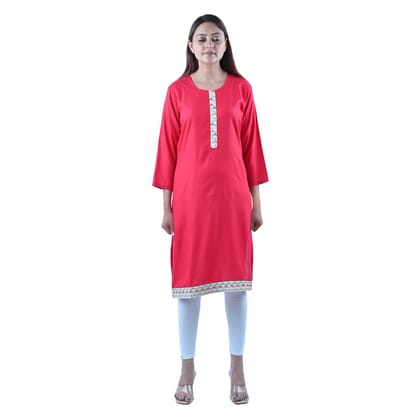 Cotton Fabric Ethnic Zari A- Line Kurti Red  Women's
