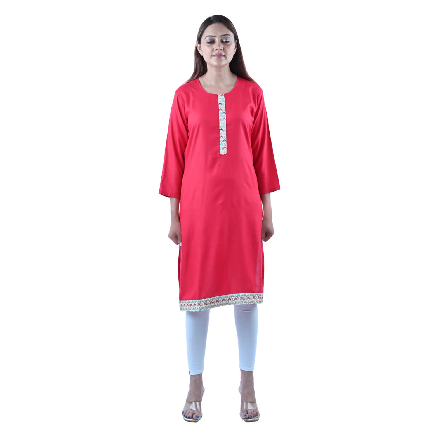 Cotton Fabric Ethnic Zari A- Line Kurti Red  Women's