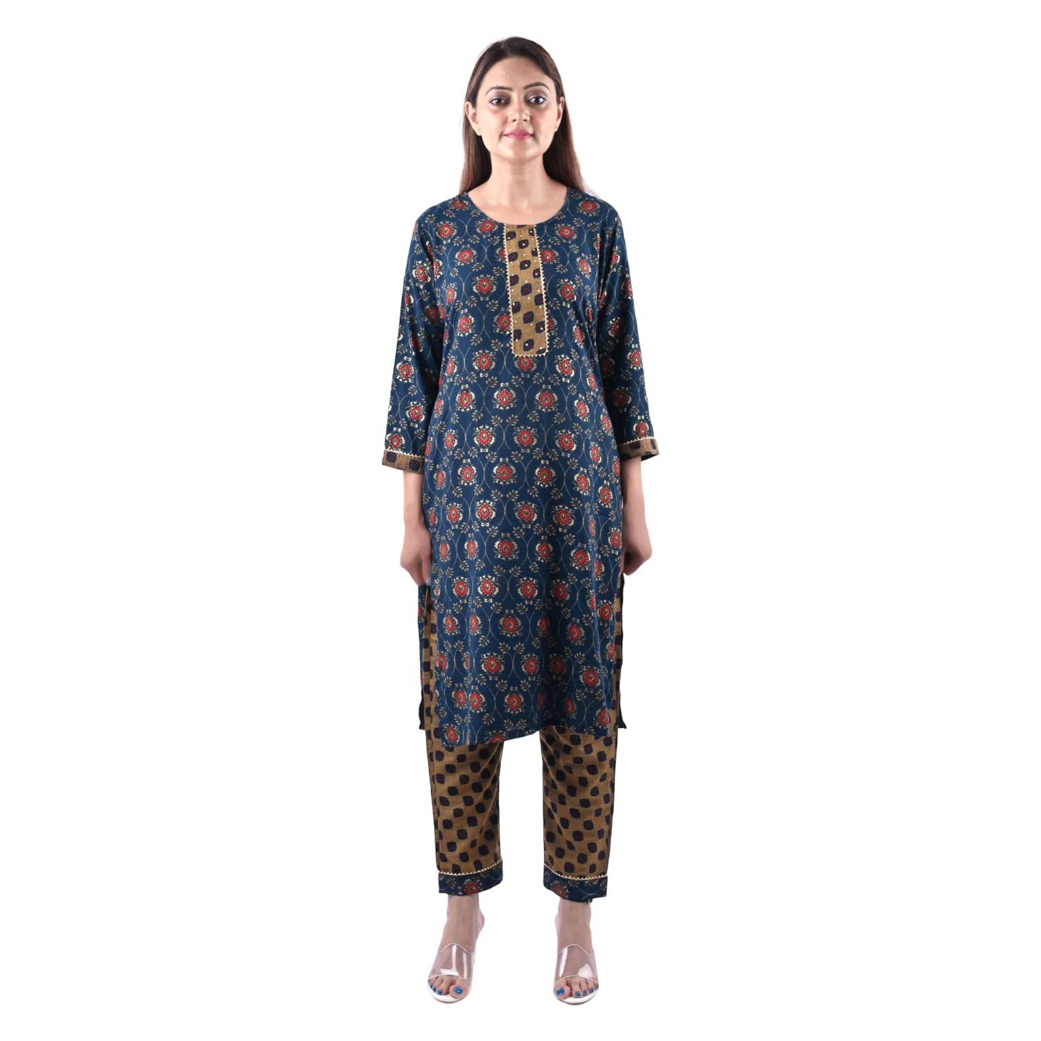 Cotton Fabric Block Printed  Zari work Kurti With Pants-S'  color-Blue