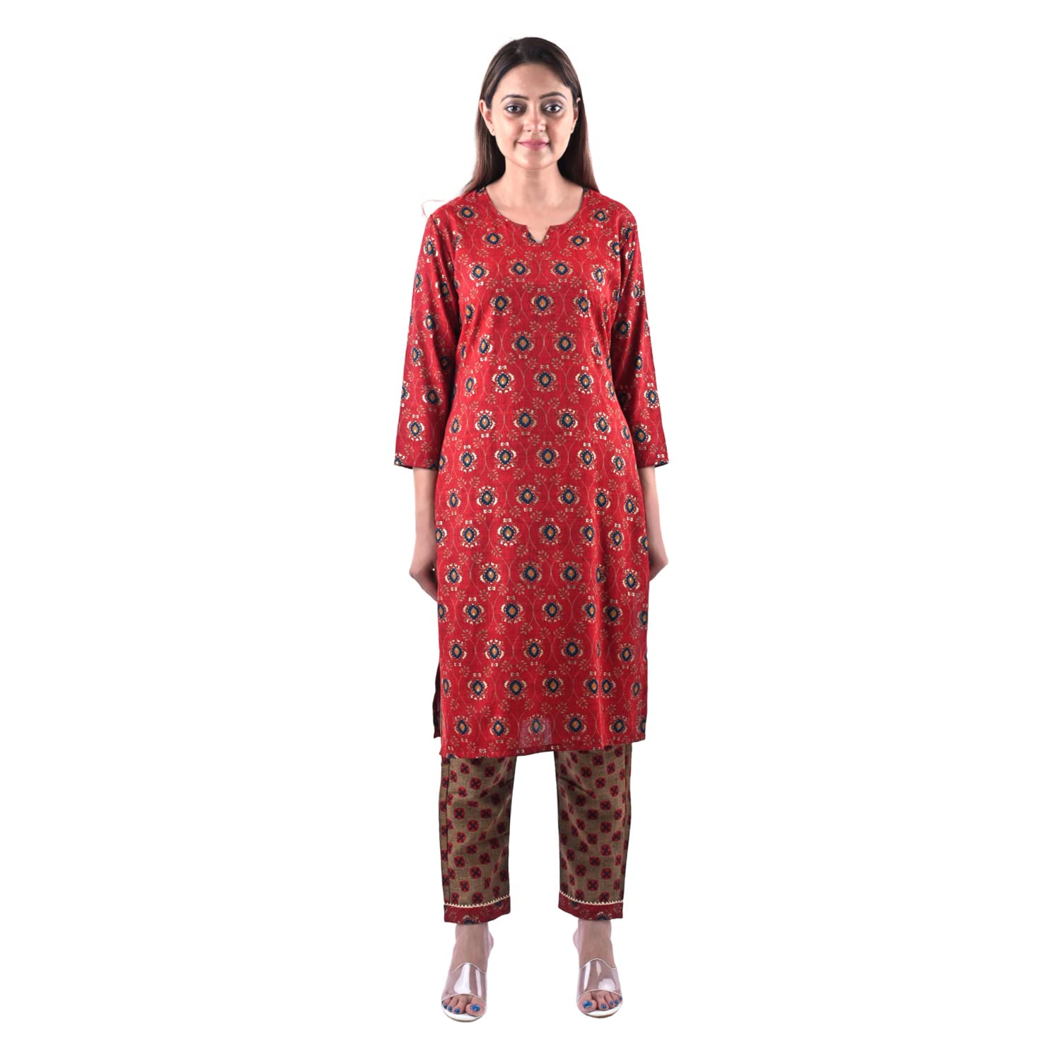 Women's Rayon Cotton Mix Fabric Block Printing and Zari Work Slint Kurti Pant Set Red
