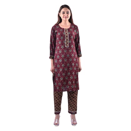 Women's Rayon Cotton Mix Fabric Block Printing and Zari Work Kurti Pant Set Color Maroon