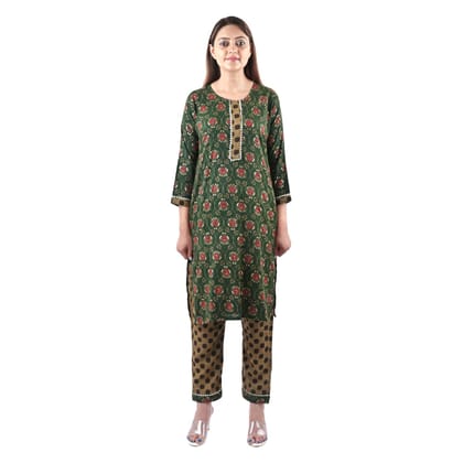 Women's Rayon Cotton Mix Fabric Block Printing and Zari Work Kurti Pant Set  Green