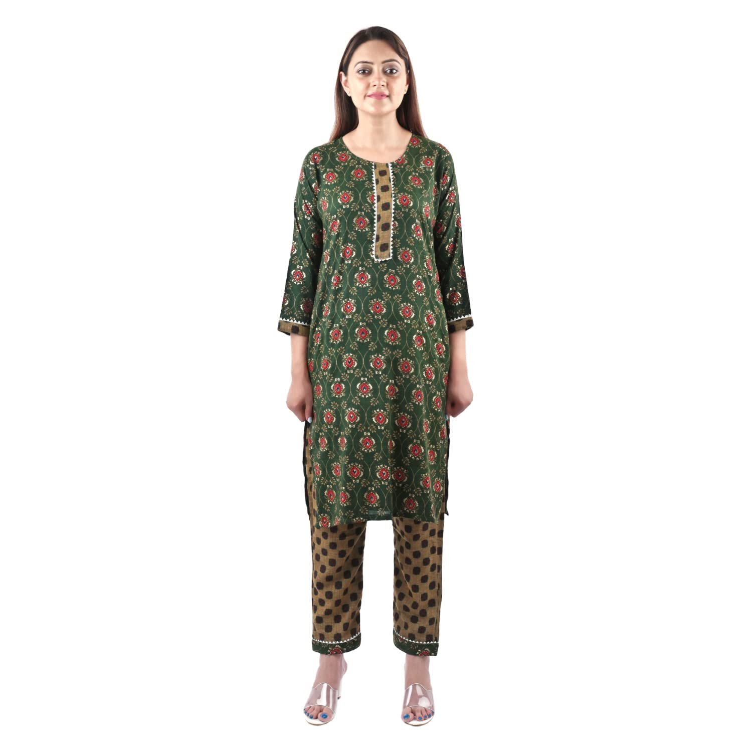 Women's Rayon Cotton Mix Fabric Block Printing and Zari Work Kurti Pant Set  Green