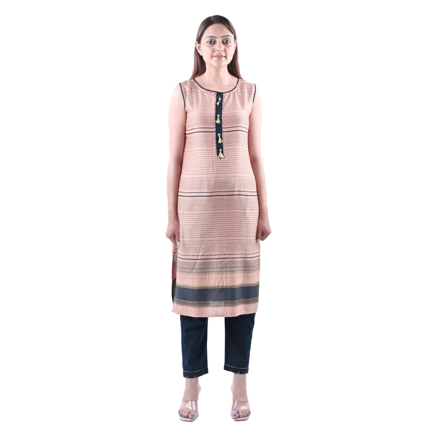 Cotton Rayon Mix Fabric Sleeveless Zari Bead Work A Line Kurti Pant Set  Women's  Color- Peach