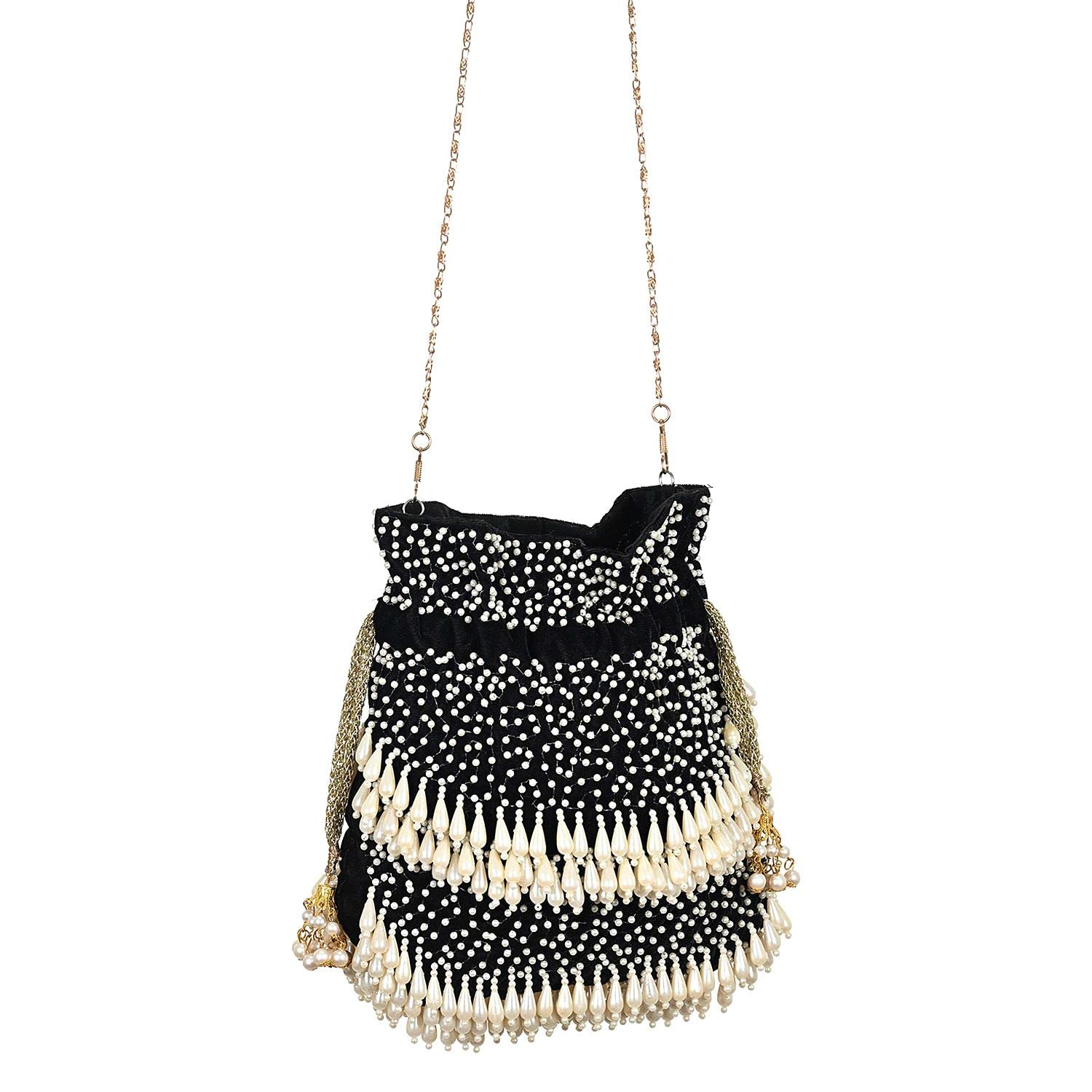 Party Wear Pearls Ethnic Potli Bag  FHS Color Black