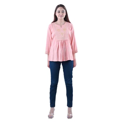 Women's Cotton Fabric Designer Block Printed with Zari Work A-line Top Color- Light Pink