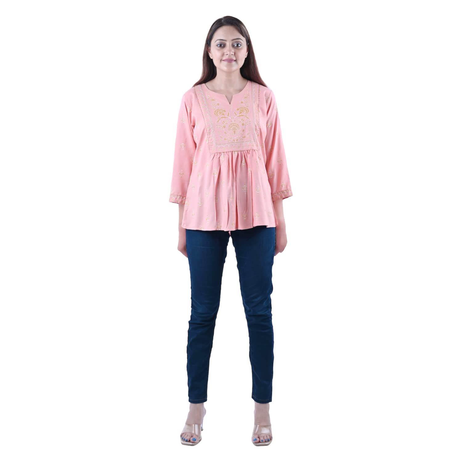 Women's Cotton Fabric Designer Block Printed with Zari Work A-line Top Color- Light Pink